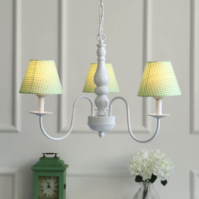 Fabric Shade Chandelier Lamp with Trellis Design Lodge Style 3 Lights Hanging Lamp in White