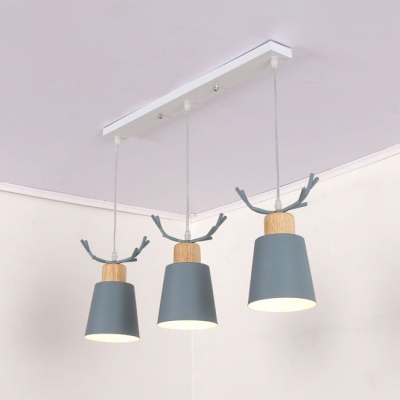 Gray/Green Conical Hanging Lamp with Antler Macaron Metal 3 Lights Lighting Fixture for Children Room