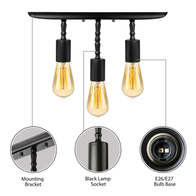 Industrial Vintage Semi-Flush Mount Ceiling Light in Black, Triple Light