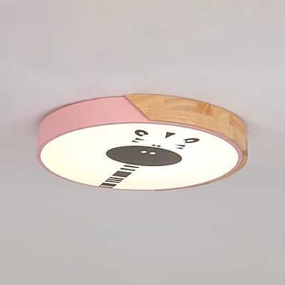 Round Shade LED Flush Light with Giraffe Design Nursing Room Metal Ceiling Light in Blue/Pink