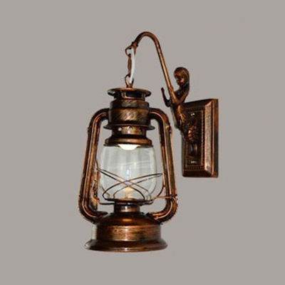 Single Light Lantern Lighting Fixture with Mermaid Retro Loft Style Glass Shade Wall Lamp in Antique Copper