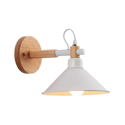 White Conical Shade Wall Light with Wooden Base Simplicity 1 Head Sconce Light for Bedroom