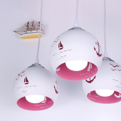 Wooden Round Rudder Hanging Lamp Nautical Girls Bedroom 3 Lights Ceiling Light in Chrome Finish