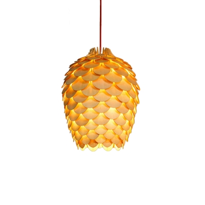 Woody Pine Cone Shade Ceiling Light Lodge Art Deco Lighting Fixture in Natural Wood Finish