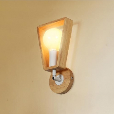 1 Light Bare Bulb Wall Lamp Minimalist Wall Light Fixture with Trapezoid Wooden Frame in White