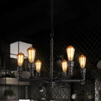 1 Tier Industrial Foyer Chandelier Rustic Iron Pipe Ceiling Fixture with 6 Light