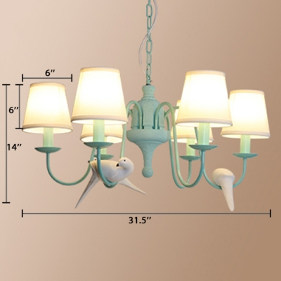6 Lights Conical Hanging Lamp with Bird Decoration Rustic Style Metallic Chandelier in Aqua