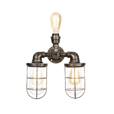 Aged Bronze Metal Cage Wall Lamp Nautical Style Triple Light Wall Lighting for Restaurant