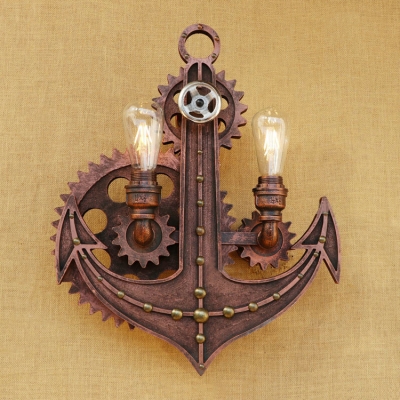 Anchor and Gear Wall Lamp Vintage Industrial Wrought Iron 2 Heads Wall Mount Light in Bronze/Rust