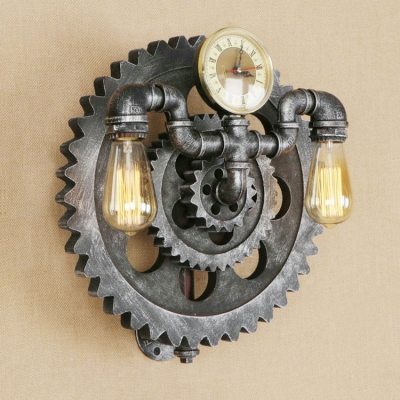 Antique Silver Open Bulb Wall Light with Gear Decoration Retro Style Metal 2 Bulbs Sconce Light