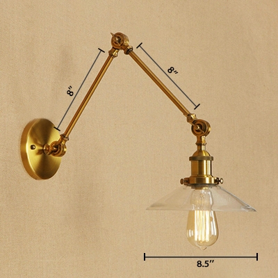 Brass Finish Swing Arm Wall Light with Glass Shade Retro Style Metal 1 Bulb Art Deco Wall Lamp
