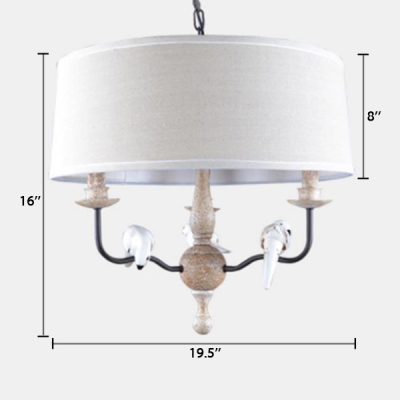 Drum Shade Chandelier Light with Resin Bird Decoration Retro Style 3 Lights Hanging Lamp in White