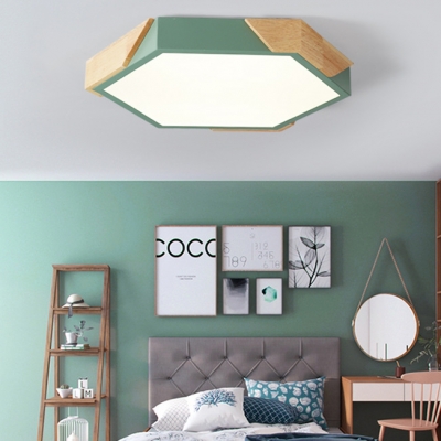 Metal Flush Light Fixture with Hexagon Shape Green/Pink/Yellow LED Flush Mount for Bedroom