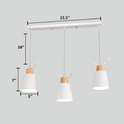 Nordic Style Cone Hanging Lamp with Antler Baby Kids Room Metal Triple Pendant Lamp in White