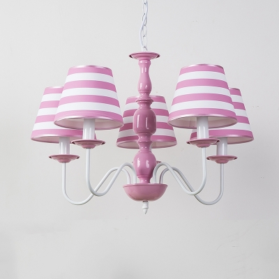 Pink Strips Design Ceiling Pendant Light American Retro Fabric 3/5 Lights Chandelier for Girls Room