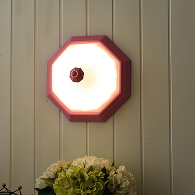 Rustic Style Octagon Wall Mount Fixture Frosted Glass LED Sconce Light in Pink for Staircase