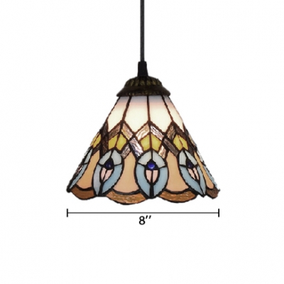 Vintage Pendant Light with 8''W Peacock Tail Tiffany Glass Shade in Colorful Finish