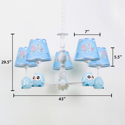 3/5 Lights Tapered Chandelier with Cartoon Owl Nursing Room Suspension Light in White with Fabric Shade