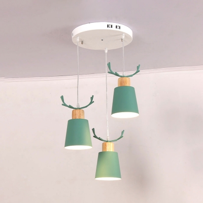 3 Lights Round Canopy Drop Light with Antler Boys Girls Room Metallic Pendant Lamp in Gray/Green