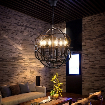 6 Light LED Orb Chandelier in Wrought Iron Industrial Style Restaurant Kitchen Globe Pendant Light in Black