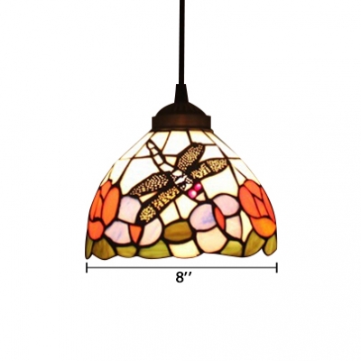 Dragonfly Dome Glass Shade in Vintage Style Tiffany Floral Ceiling Pendant, 8