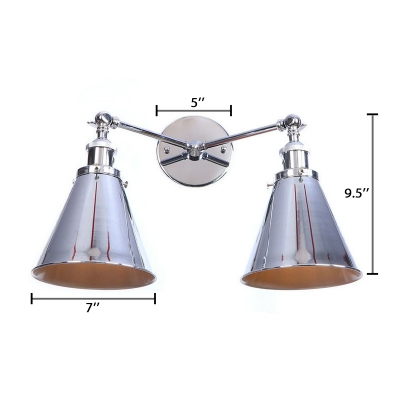 Horn Shade Wall Mount Light Modern Fashion Steel 2 Light Double Wall Sconce in Chrome Finish