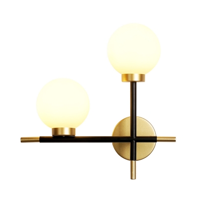 Linear Wall Mount Light with White Glass Shade Post Modern 2 Lights Sconce Light in Brass Finish