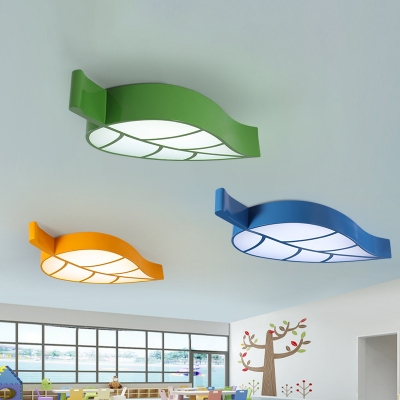 Macaron Colorful Leaf Lighting Fixture Amusement Park Kids Bedroom Metal LED Ceiling Light