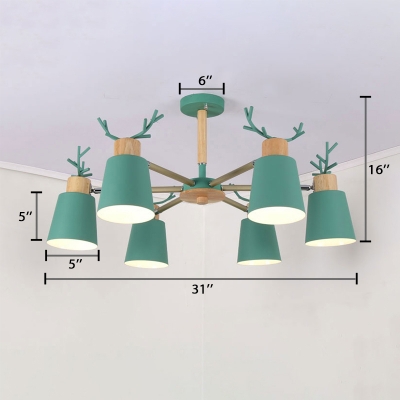 Metal Antler Design Hanging Light Nordic Style Boys Girls Bedroom 3/6 Lights Chandelier in Green