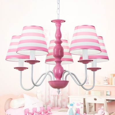 Pink Strips Design Ceiling Pendant Light American Retro Fabric 3/5 Lights Chandelier for Girls Room