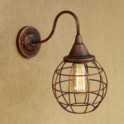 Rust Finish Orb Wall Mount Light with Metal Cage Vintage Retro Style 1 Bulb Wall Light Fixture