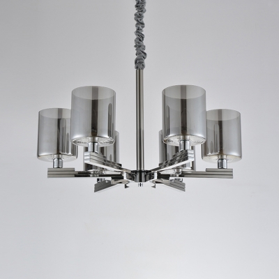 Smoke Glass Cylinder Suspended Lamp Post Modern 6 Lights LED Hanging Chandelier