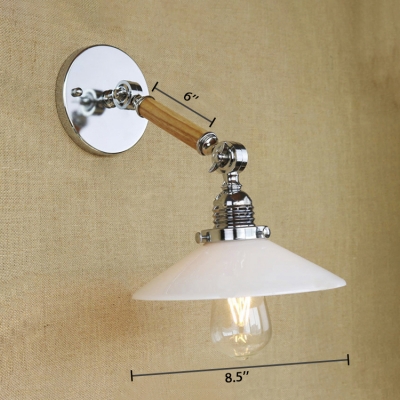 Wood Featured Single Light Industrial Chrome Wall Sconce with White Glass Shade