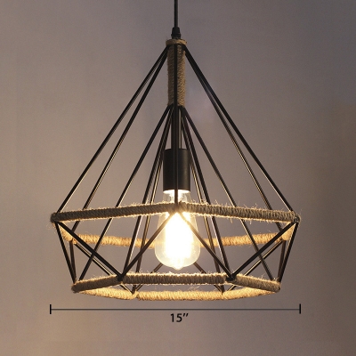 14'' Width Open Diamond Cage LED Hanging Lamp with Burlap Intertwined