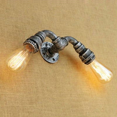 2 Lights Open Bulb Wall Sconce Industrial Iron Wall Mount Fixture in Antique Bronze/Brass/Silver