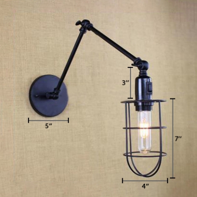 Black Wire Guard Wall Sconce Industrial Adjustable Metallic 1 Head Wall Mount Light for Bedside