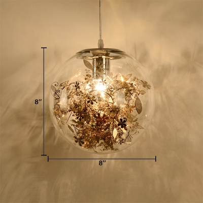 Clear Glass Globe Shade Pendant Lamp with Gold Stainless Flower Decoration Stylish 1 Light Hanging Lamp