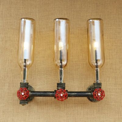 Industrial Vintage Wall Sconce 3 Light G4 Valve Decorative Pipe Fixture with Clear Bottle Glass Shade