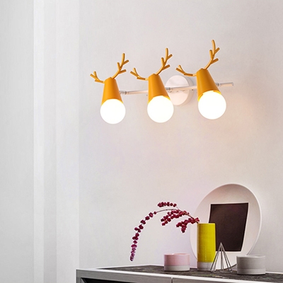 Metal Linear Wall Lighting with Antler Decoration Macaron Colorful Foyer Corridor Triple Head Sconce Light