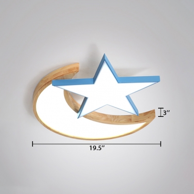 Moon and Star LED Flush Light Modern Blue/Pink Metal and Wood Ceiling Lamp for Children Room