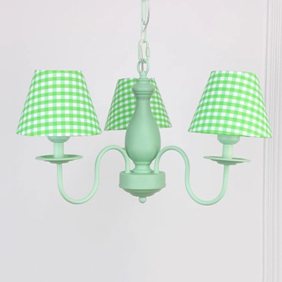 Shaded Chandelier Light with Trellis Pattern Retro Style Fabric 3 Lights Hanging Light in Green Finish