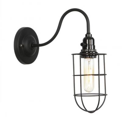 Wire Guard Wall Mount Light Nautical Style Metal 1 Light Lighting Fixture in Black with Gooseneck