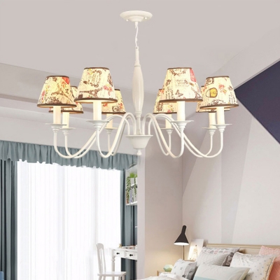 3/6 Lights Curved Arm Chandelier with Tapered Fabric Shade Lodge Style Hanging Lamp in White