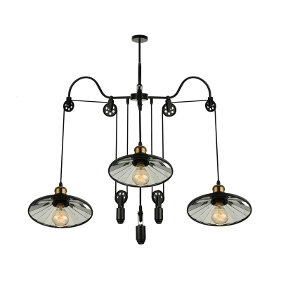3 Light Pulley Mirrored Adjustable Large LED Chandelier with Saucer Shade