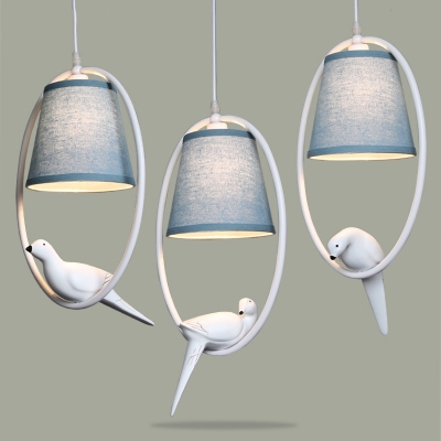 Circular Ring Drop Light with Bird Rustic Style Blue Fabric Shade 1 Bulb Hanging Lamp for Foyer