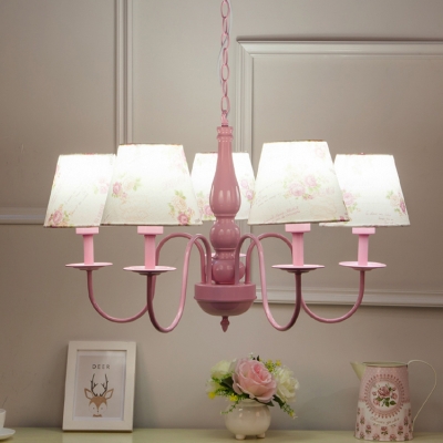 Flower Pattern Chandelier Light with Coolie Fabric Shade Rustic Style 5 Heads Hanging Light in Pink
