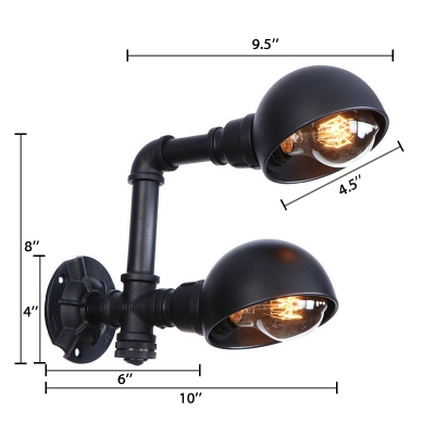 Industrial Armed Wall Mount Light Wrought Iron 2 Heads Wall Light Sconce in Black with Dome Shade