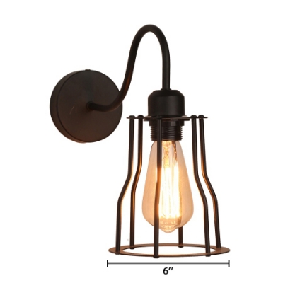 Metal Caged Sconce Lighting with Curved Arm Loft Style Single Head Wall Mount Light in Black