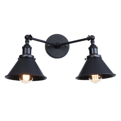 Metallic Armed Lighting Fixture with Cone Shade Simplicity 2 Lights Wall Mount Light in Black Finish