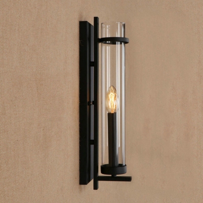 Single Light Candle Wall Lamp with Tube Glass Shade Loft Style Vintage Wall Lighting in Black Finish